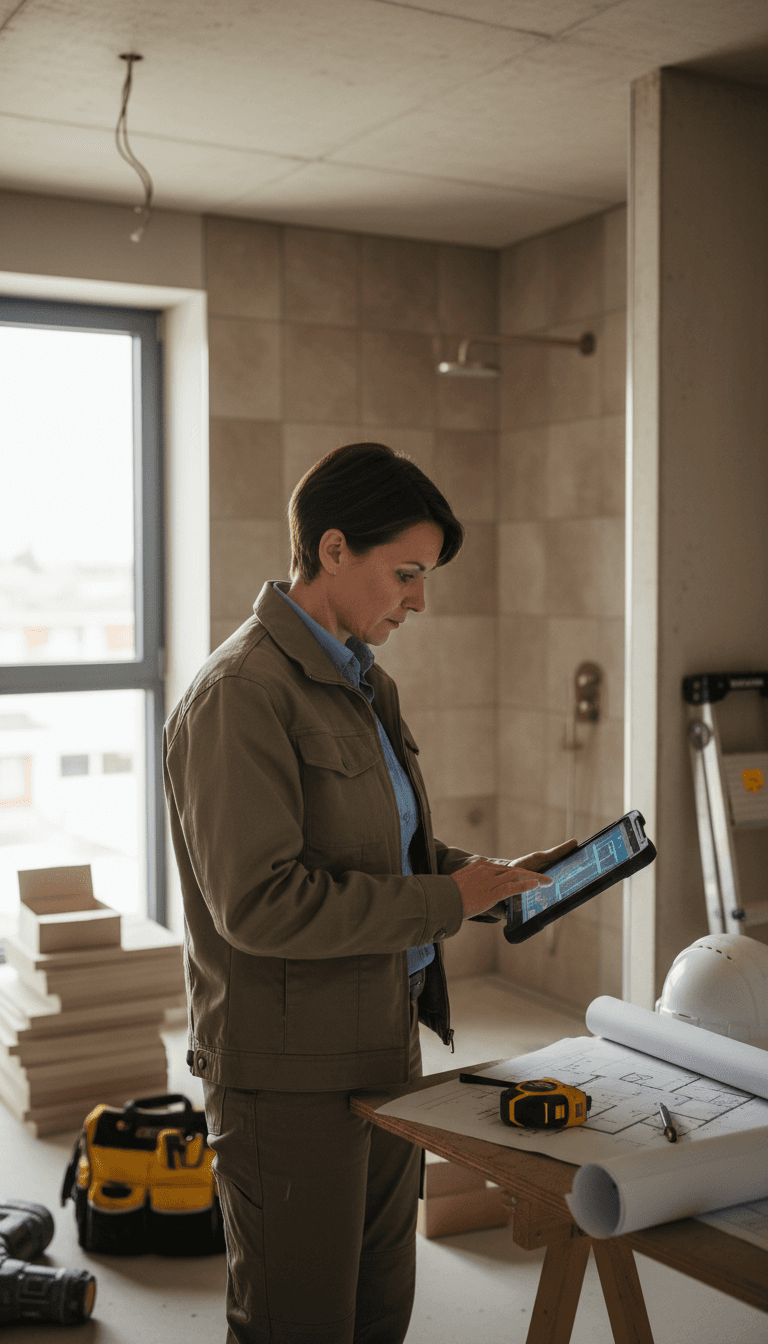 Professioneller Baumanager prüft Renovierungspläne in einer modernen Wohnung