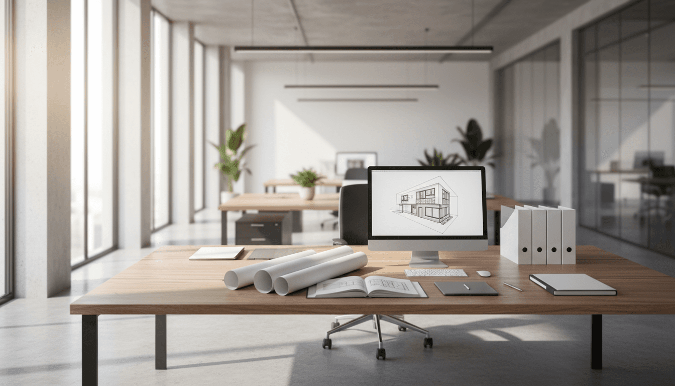 Professionelle Büroumgebung mit Bauplänen und Projektdokumentation