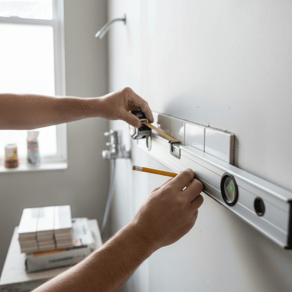 Handwerker bei der Vermessung einer Badezimmerwand für die Renovierung