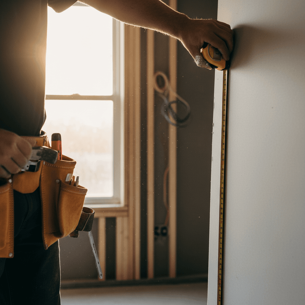 Professionelle Handwerker prüfen Baupläne und Maßstab bei Wohnungsrenovierung