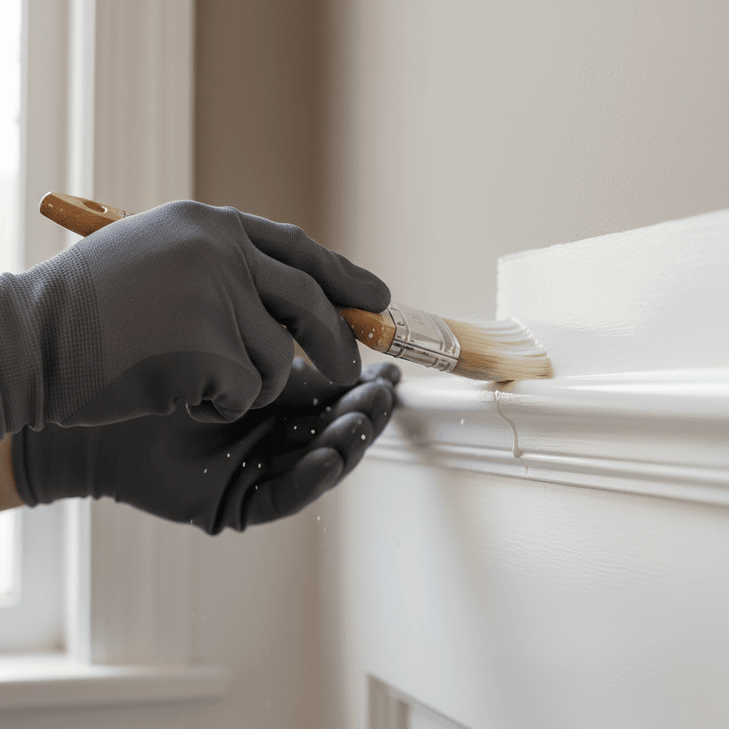 Close-up of professional painter's hands applying white paint to interior trim with angled brush, demonstrating skilled technique