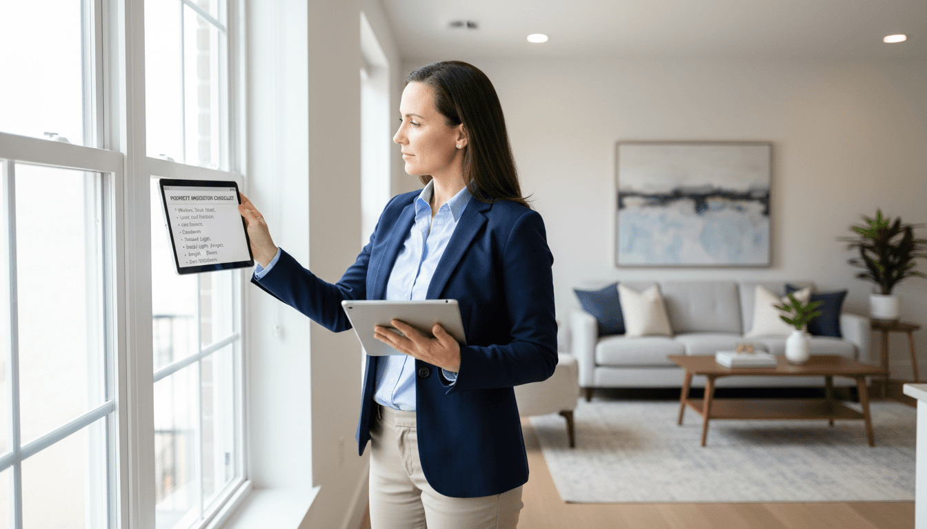 Property manager with tablet inspecting modern apartment interior during residential property walkthrough inspection