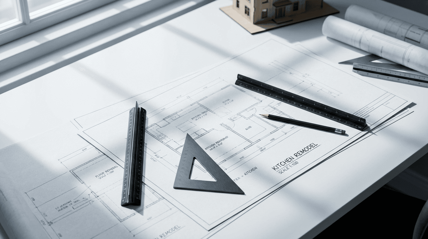 Architectural blueprints and measurement tools on a white desk with window light casting geometric shadows.