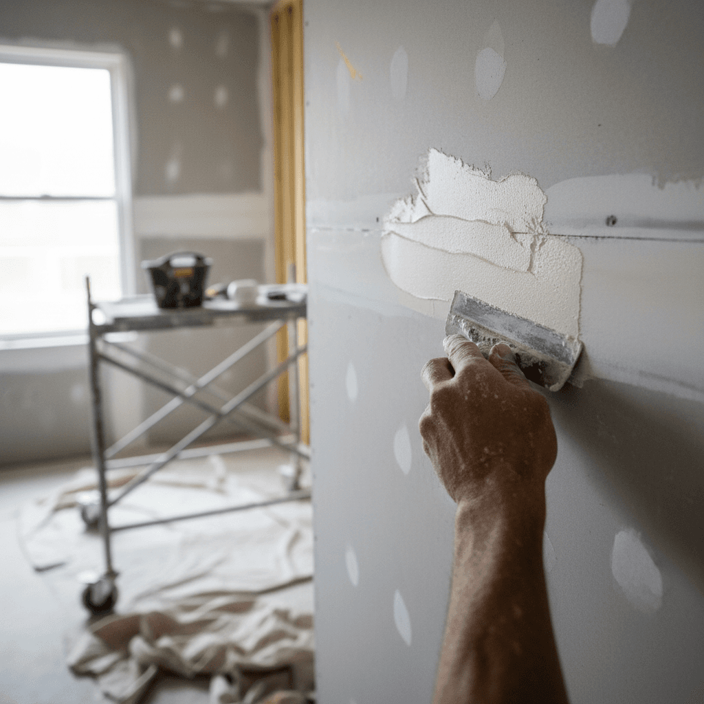 Construction worker's hands applying drywall compound with putty knife on apartment wall during finishing work